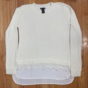 Chelsea Theodore Women's Sweater Cream Unconventional Lace Trim Layered Size L
